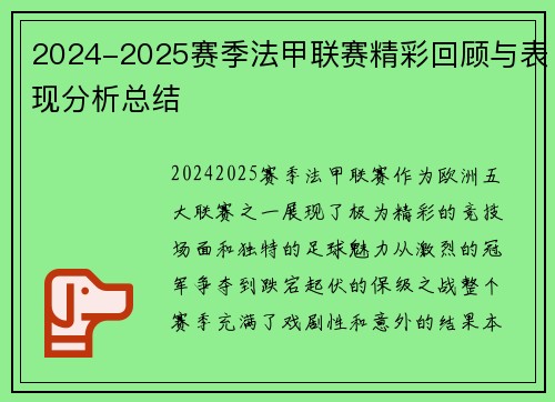 2024-2025赛季法甲联赛精彩回顾与表现分析总结