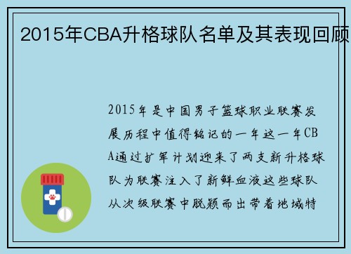 2015年CBA升格球队名单及其表现回顾